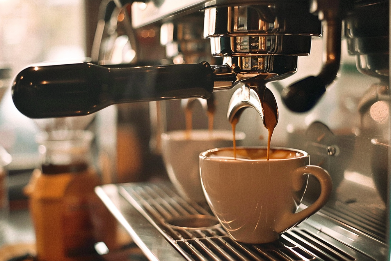 Espresso Machine Filling a White Mug with Espresso