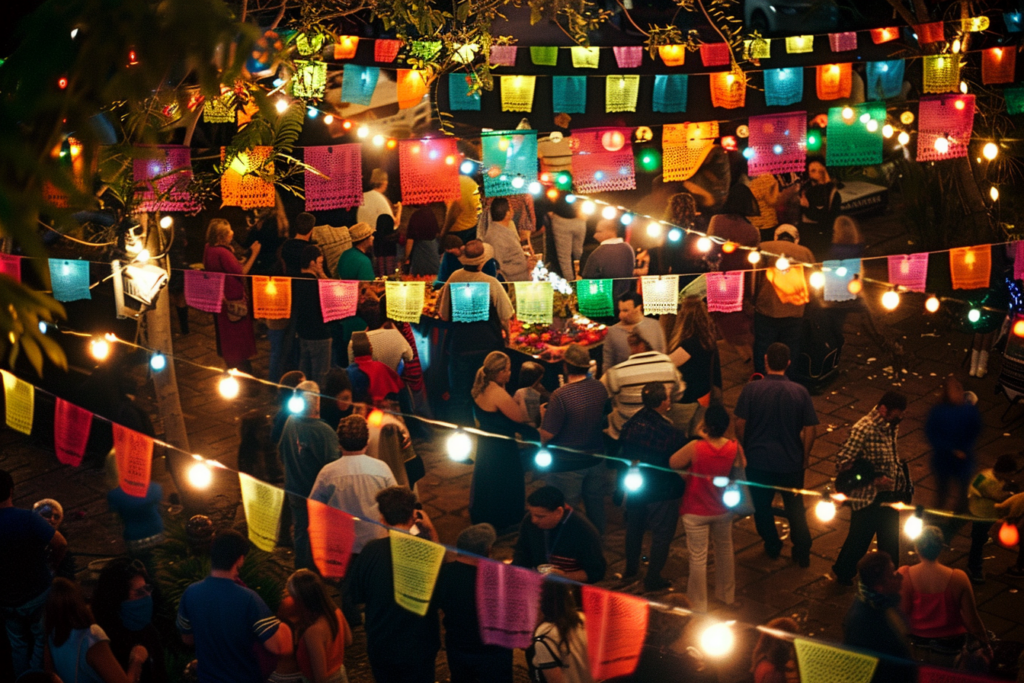 A lively Cinco de Mayo celebration with a crowd of people under a canopy of colorful paper lanterns.