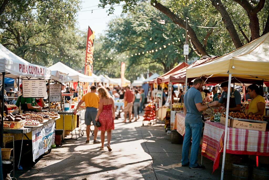 Folks enjoying a stroll among vibrant stalls offering a variety of delicious eats