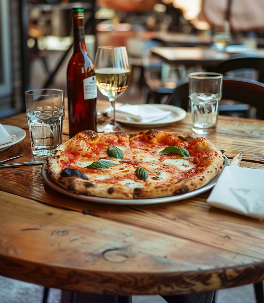 Margarita pizza sitting on an outdoor, wood table