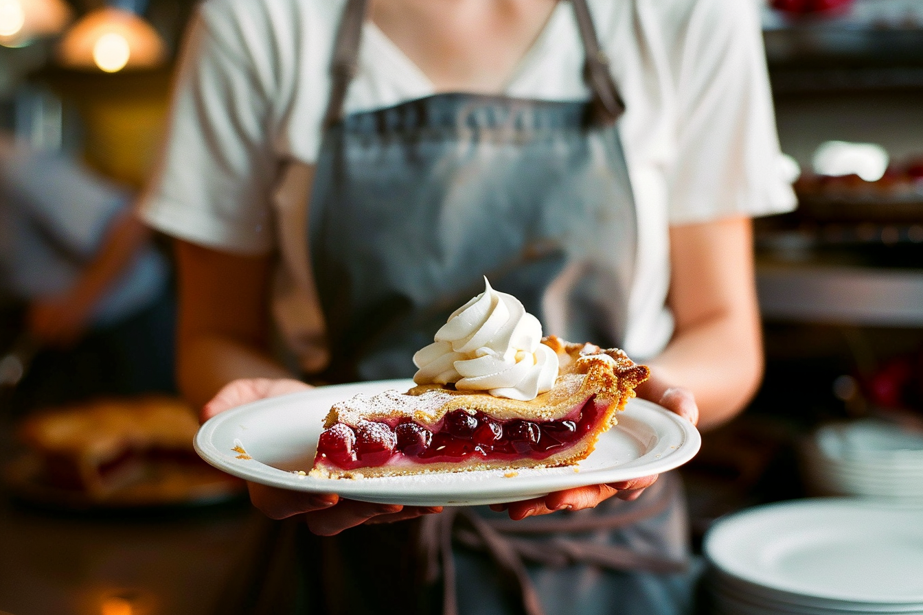 Waiter holding a slice of pie topped with whipped cream
