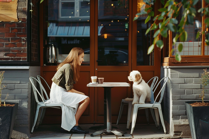 Woman having coffee with her dog on a café patio